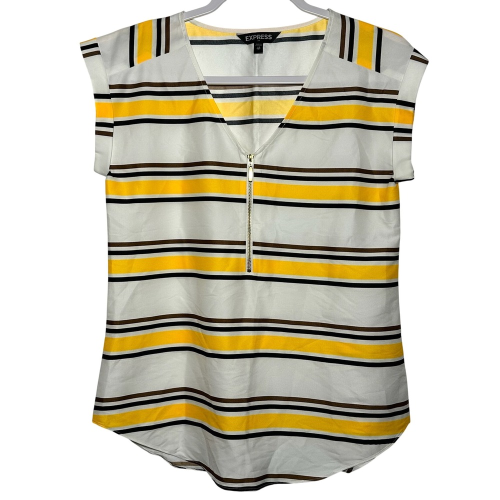 EXPRESS Women Striped V Neck Zip Front‎ Cap Sleeve Top XS